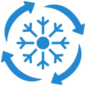 A blue circle with arrows circulating around a snowflake representing home cooling. A blue circle with arrows circulating around a snowflake representing home cooling.