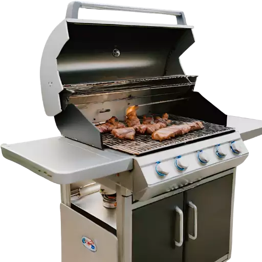 A gas grill barbeque with meat on it.